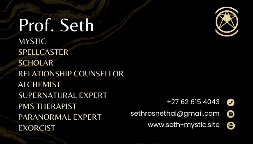 Back of the card listing Professor Seth's services and contact details