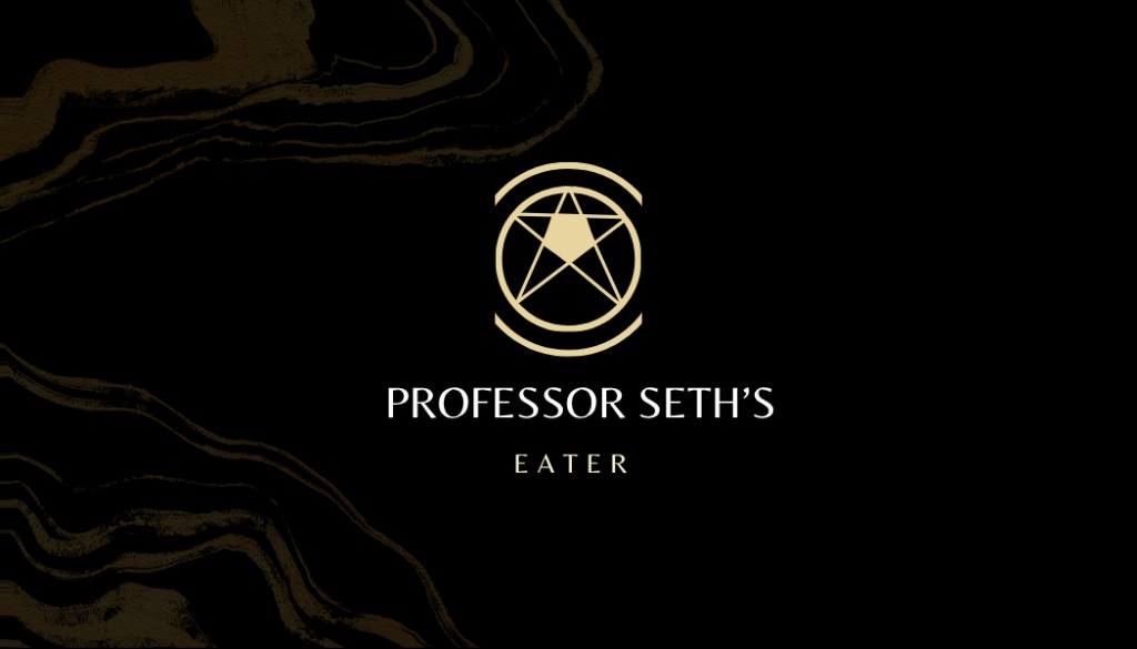 Front of Professor Seth's business card showing a gold pentacle sigil